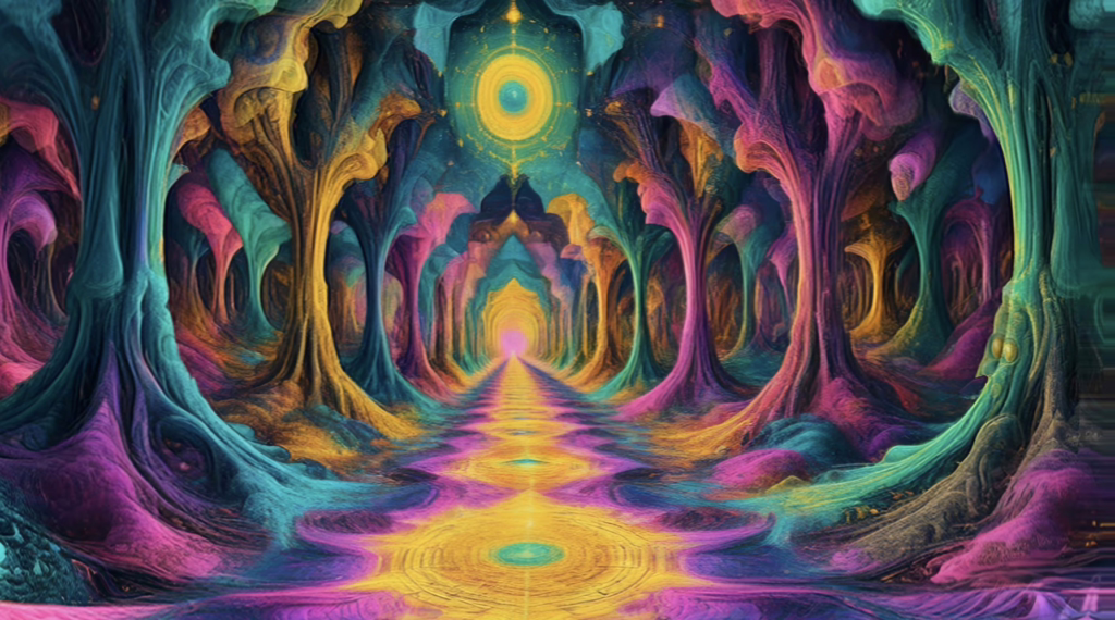 An intensely colorful archway of psychedelic forms, representing sensory overload in a 4K trippy screensaver for LSD.
